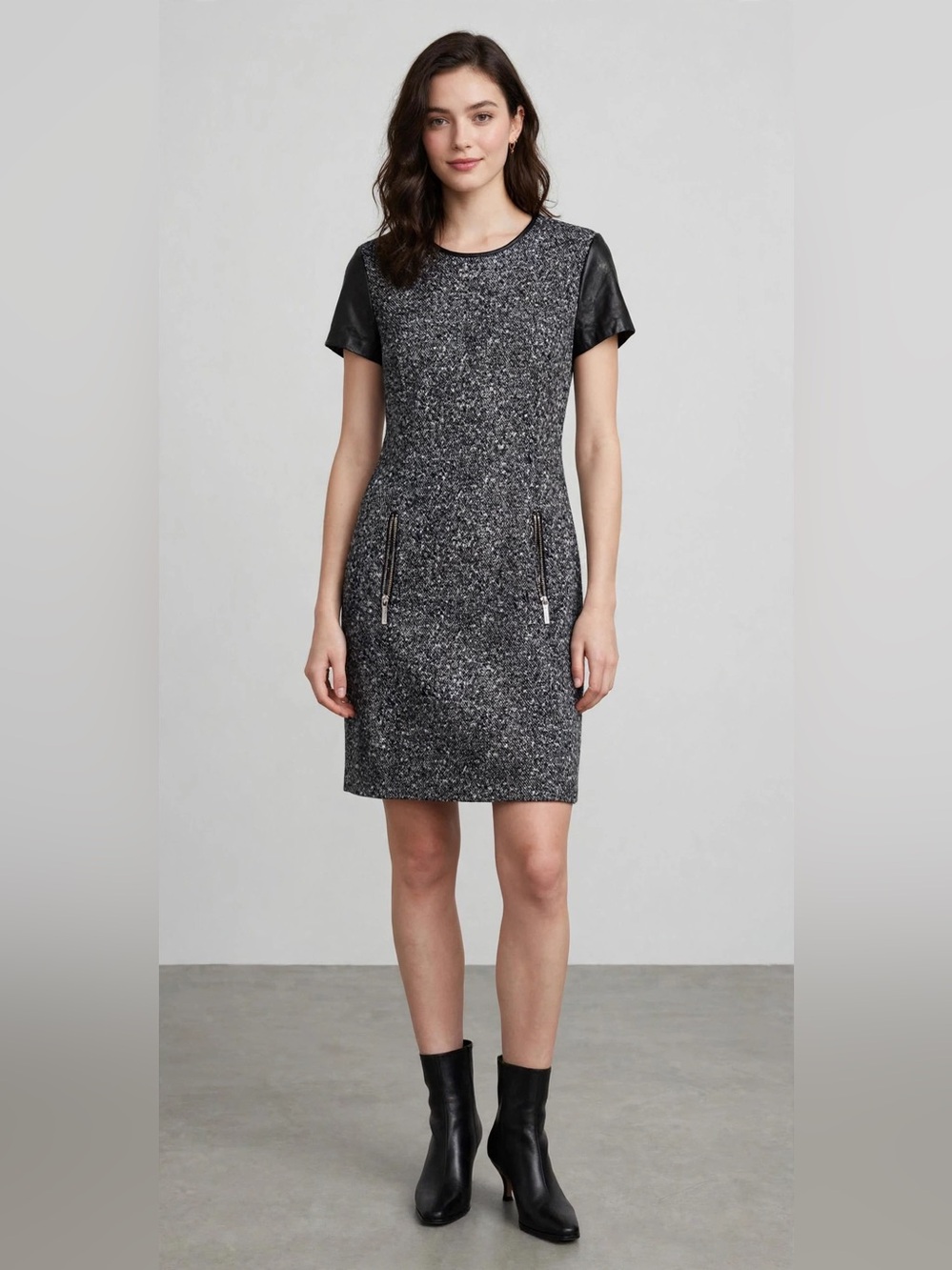 MICHAEL Michael Kors Black & Gray Tweed Short Sleeve Shift Dress